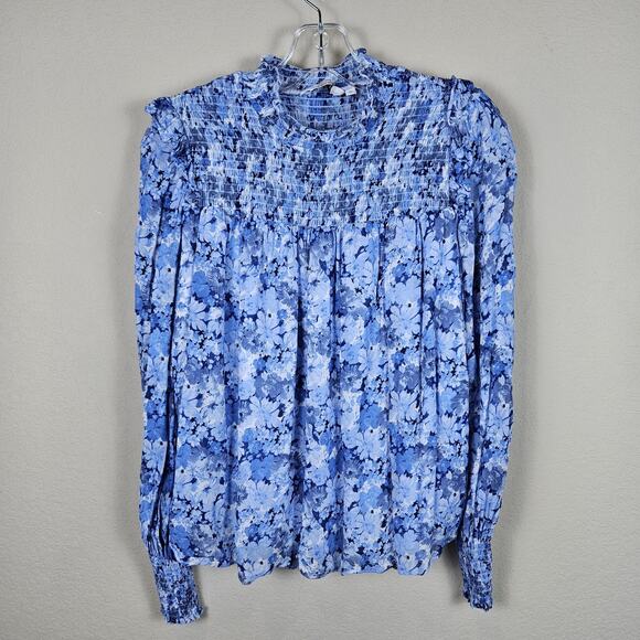 & OTHER STORIES Smocked A-Line Blouse Blue Floral Cottage Boho Chic Sheer Size 4 - Picture 4 of 14